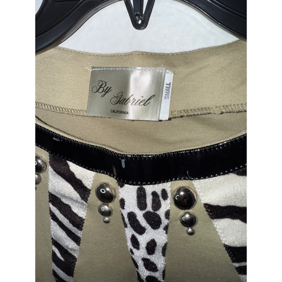 By Gabriel Vintage Animal Print Studded Olive Green Long Sleeve Top Small - Picture 3 of 4